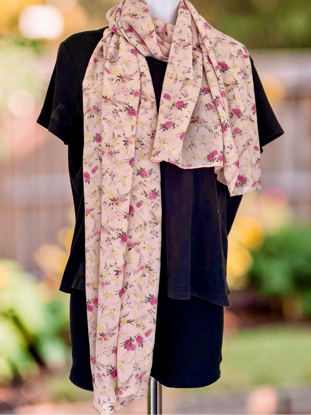 Pink Floral Silk Blend Scarf Wrap Lightweight Cottagecore Romantic